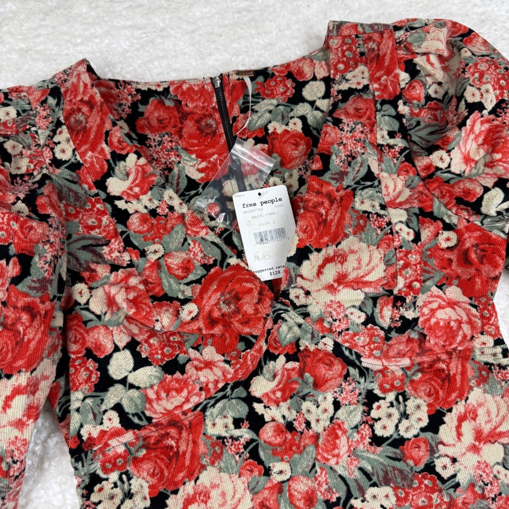 Free People Mini Dress Women Size 2 Red Floral Corduroy Long Sleeve OB1047762